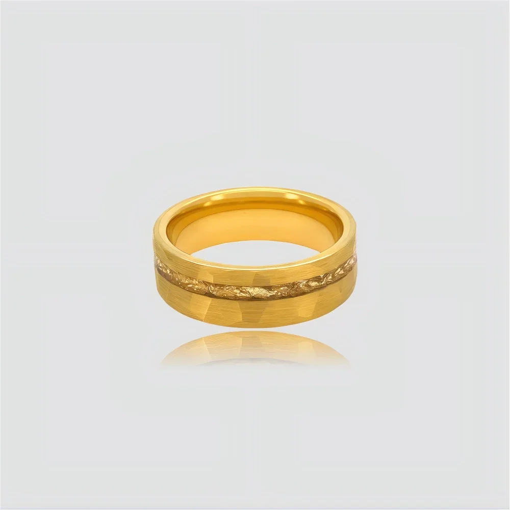 The Solar Fracture Structural men's band featuring Aerospace-grade Tungsten and 18K Gold PVD coated gold foil inlay.