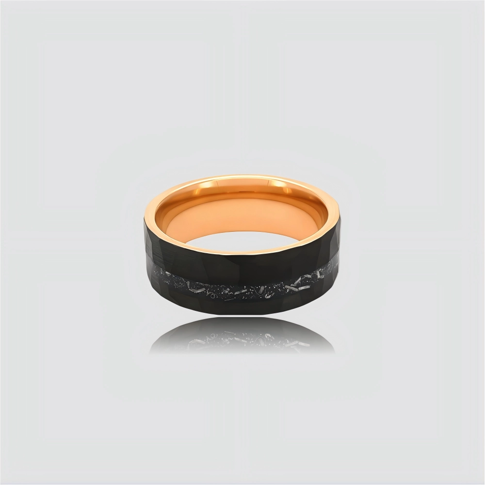 The Celestial Rift Precision-engineered ring featuring Authentic Muonionalusta Meteorite and hammered 18K Rose Gold PVD coated Aerospace-grade Tungsten.