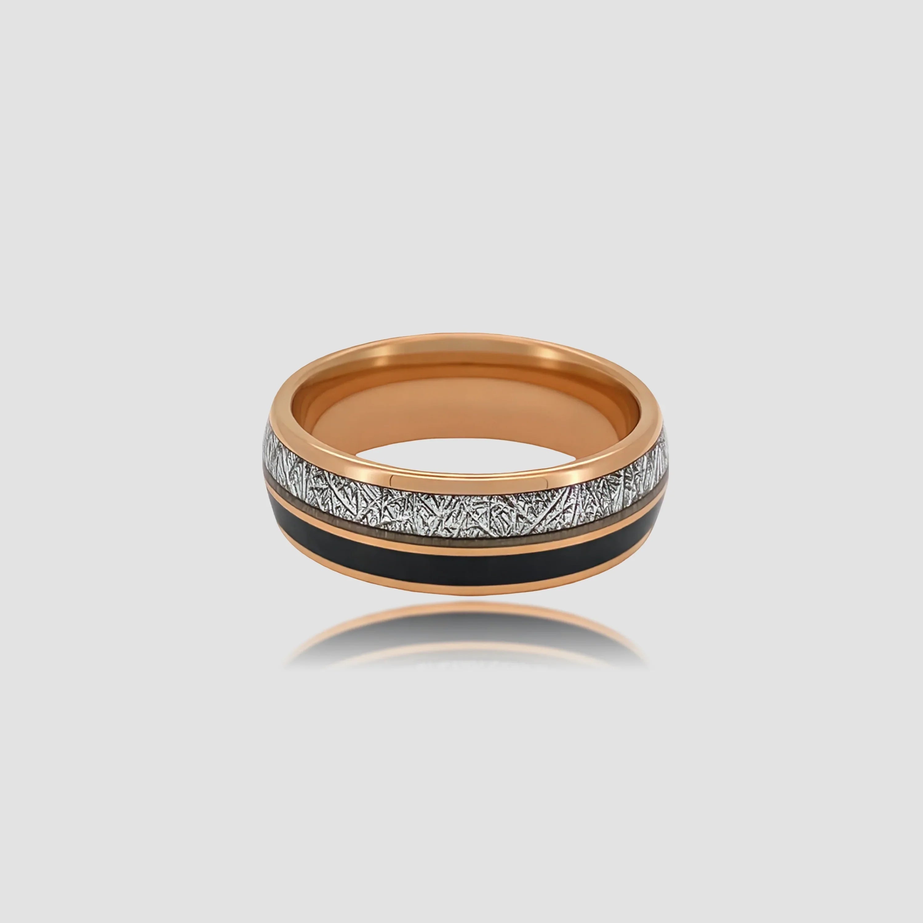The Stellar Path Structural men's band featuring Authentic Muonionalusta Meteorite and 18K Rose Gold PVD coating.