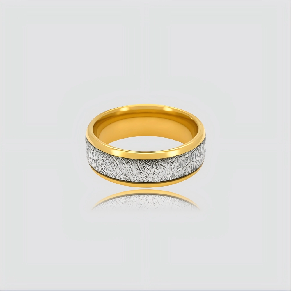 The Astral Pathway Precision-engineered ring featuring Authentic Muonionalusta Meteorite and 18K Gold PVD coated Aerospace-grade Tungsten.
