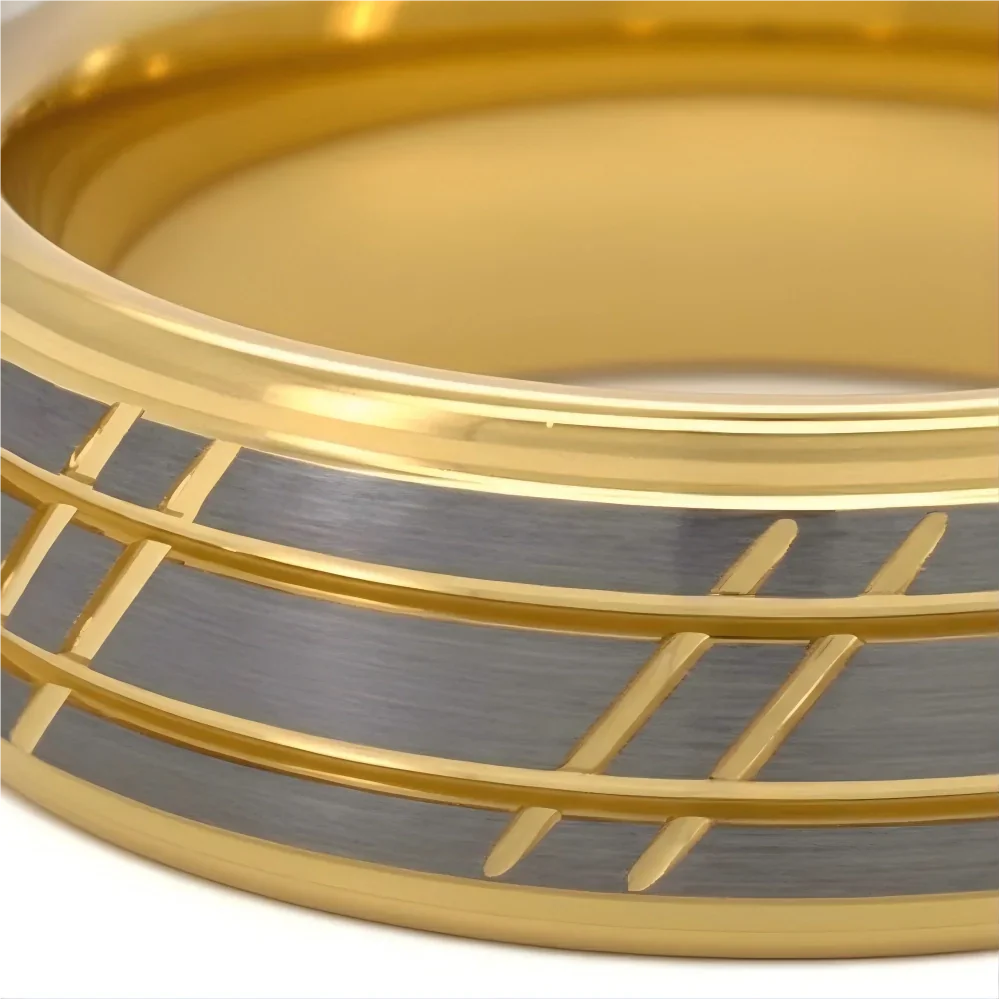 Macro detail of precision-milled geometric grooves and fine brushed finish on The Zenith showcasing Aerospace-grade Tungsten and 18K Gold PVD coating.