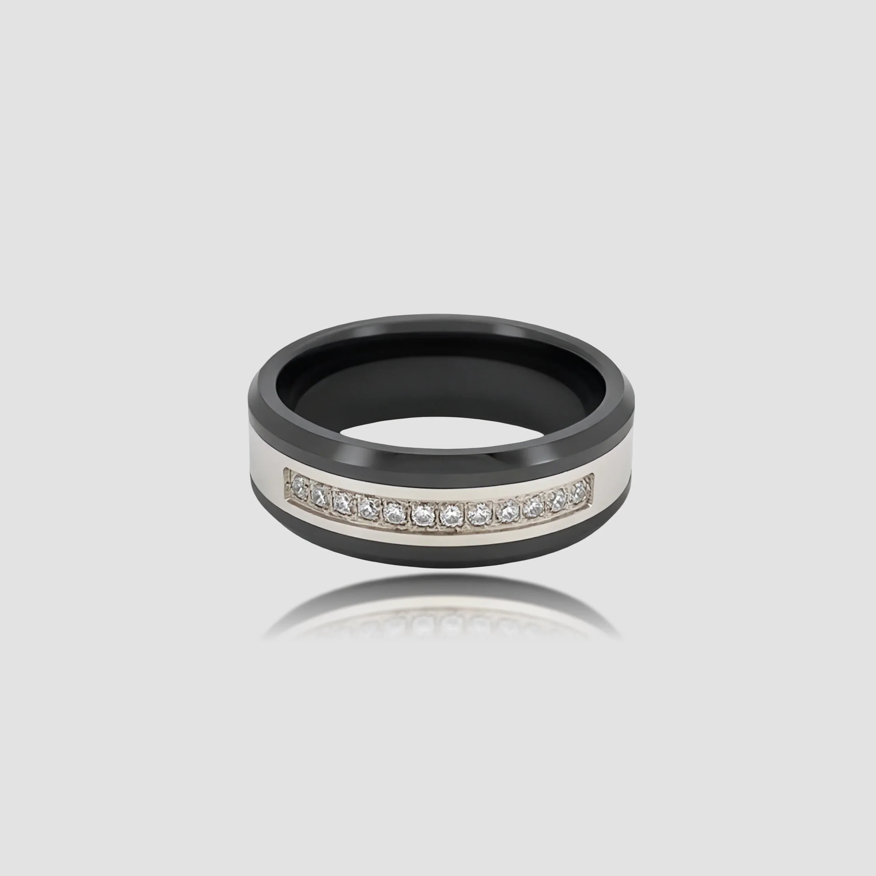 The Obsidian Prism Precision-engineered ring featuring polished black ceramic and channel-set brilliant-cut crystals.
