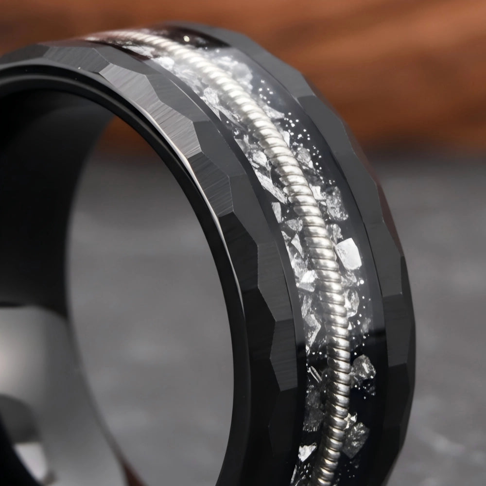 The Resonance | Faceted Obsidian Band w/ Guitar String Inlay