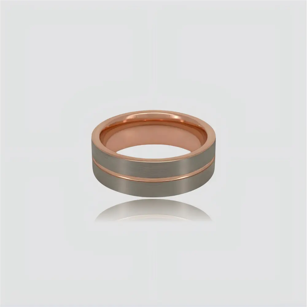 The Rose Meridian Structural men's band featuring Aerospace-grade Tungsten and a precision-milled 18K Rose Gold PVD coated groove.