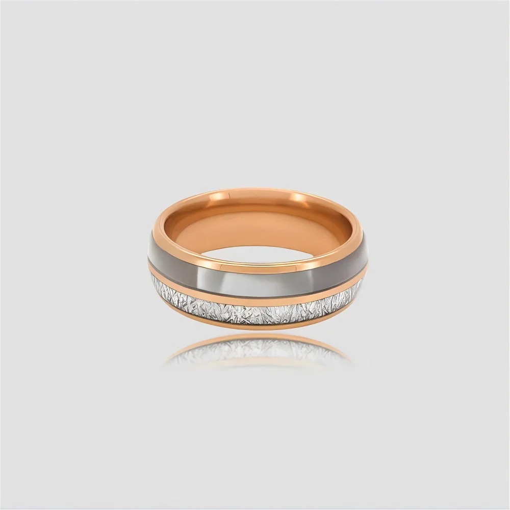 The Ethereal Core Precision-engineered ring featuring Mother of Pearl and 18K Rose Gold PVD coated Aerospace-grade Tungsten with an Authentic Muonionalusta Meteorite inlay.
