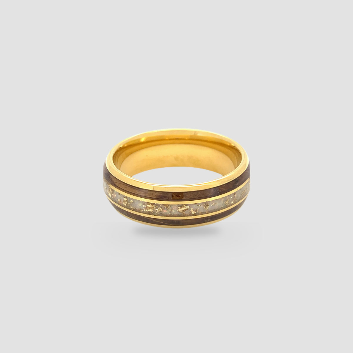 The Chronos Vessel | 18K Gold PVD Tungsten, Opal & Whiskey Barrel Band