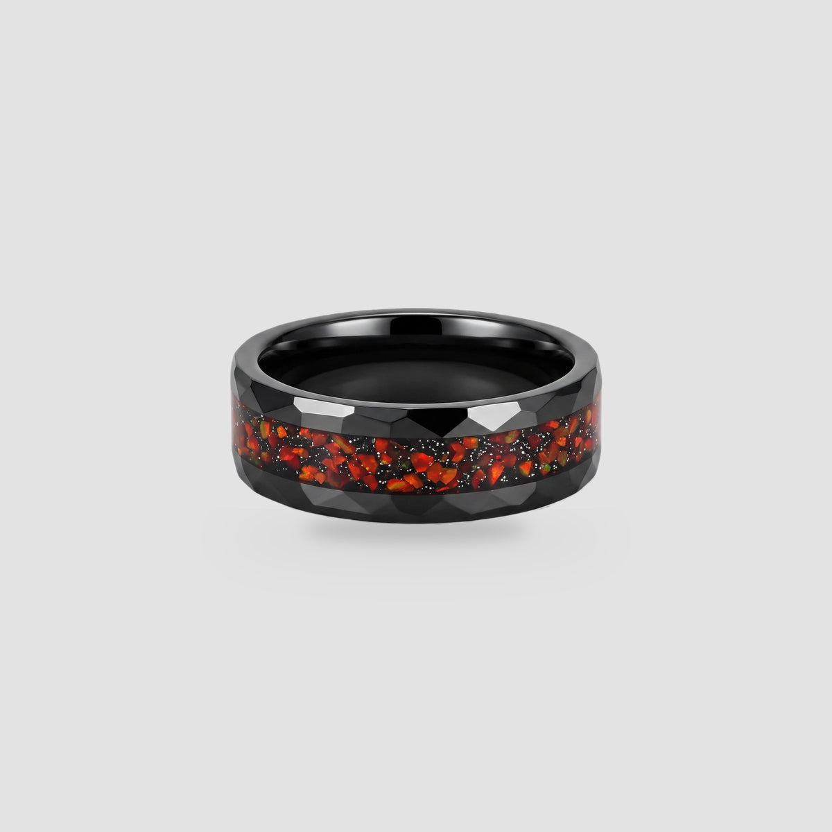 The Ignis Forge | Hammered Black Tungsten & Red Opal Band