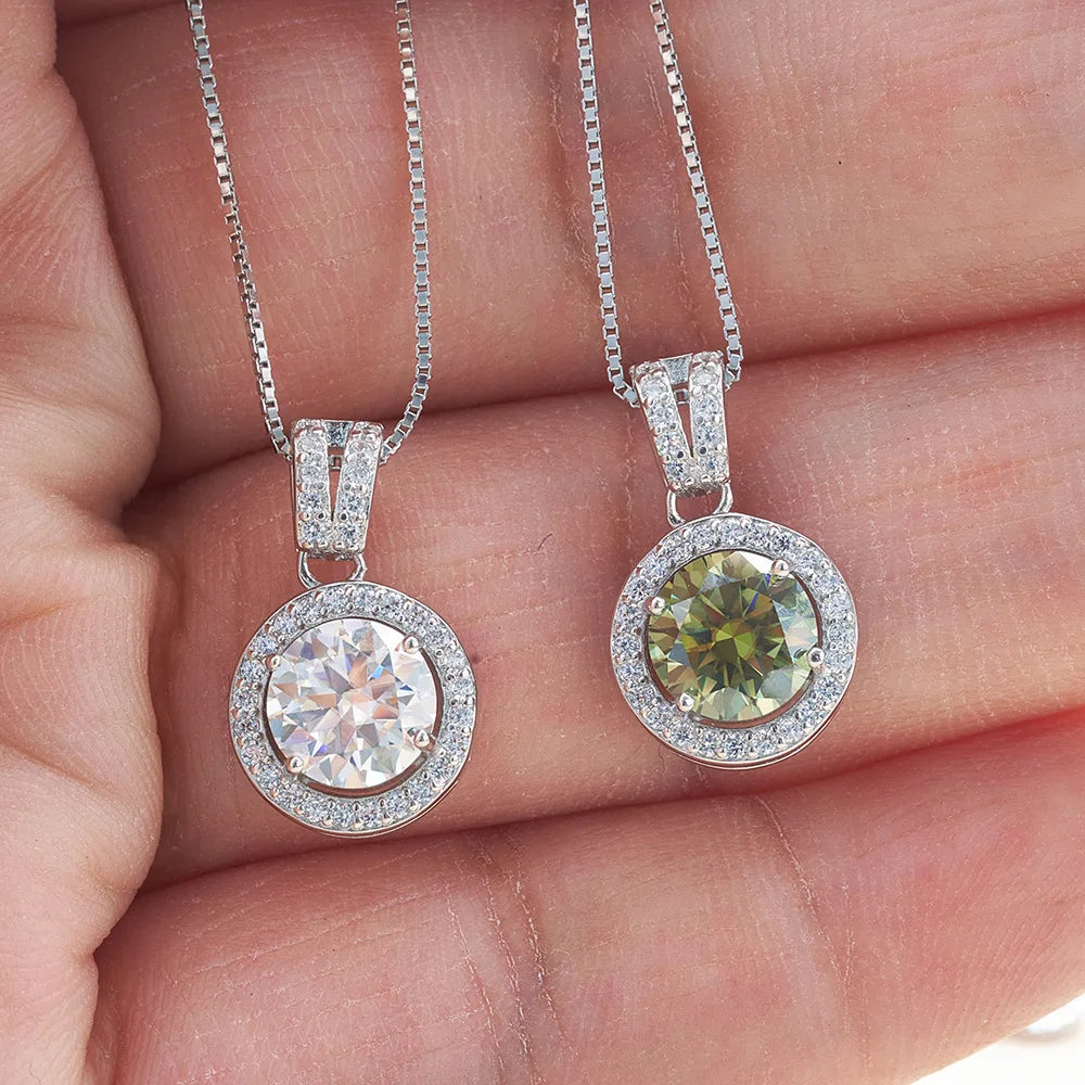 S925 Sterling Silver Moissanite Necklace For Women With 1 Carat Round Shape Blue Green Color Female Silver Dating Gift