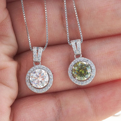 S925 Sterling Silver Moissanite Necklace For Women With 1 Carat Round Shape Blue Green Color Female Silver Dating Gift