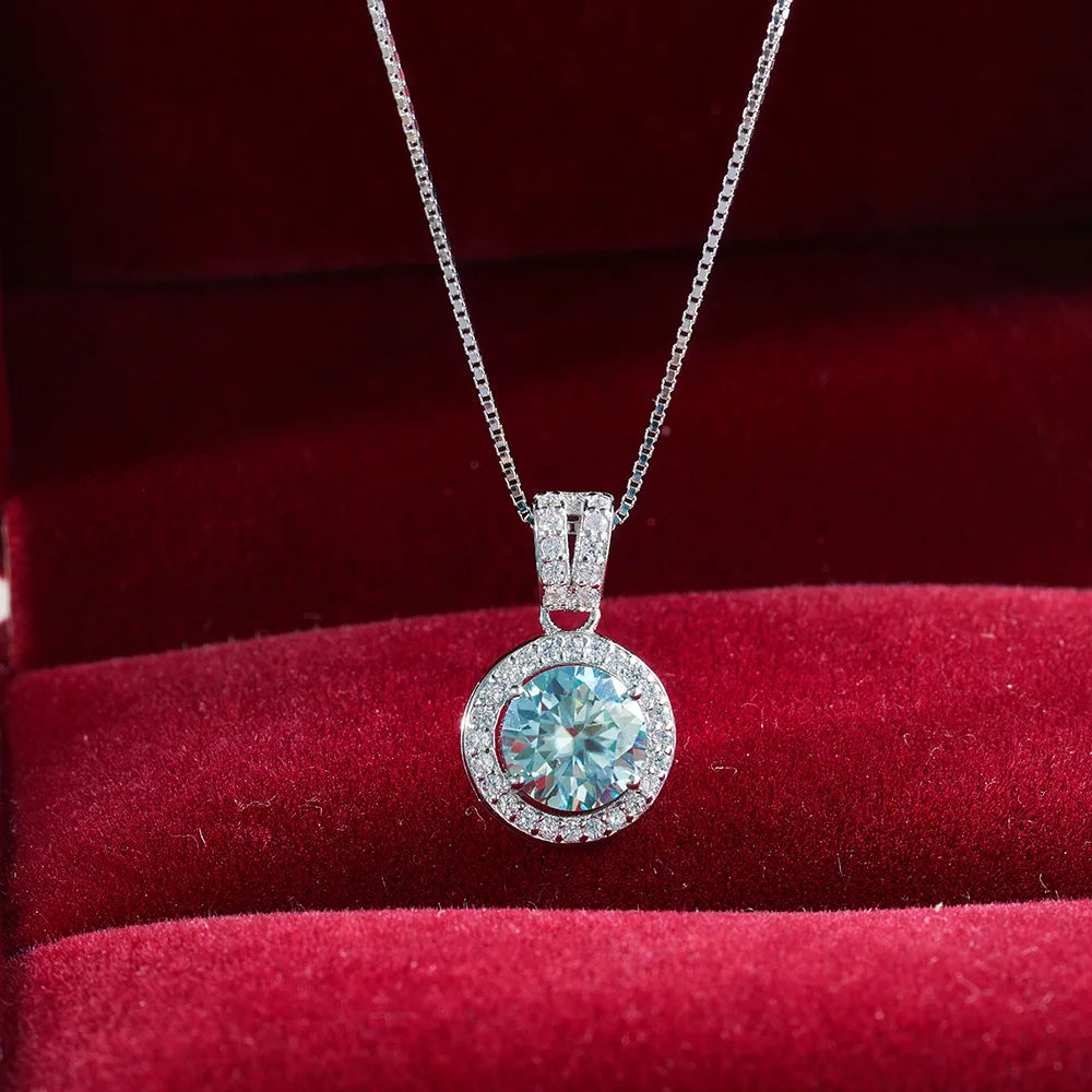 S925 Sterling Silver Moissanite Necklace For Women With 1 Carat Round Shape Blue Green Color Female Silver Dating Gift
