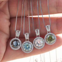 S925 Sterling Silver Moissanite Necklace For Women With 1 Carat Round Shape Blue Green Color Female Silver Dating Gift