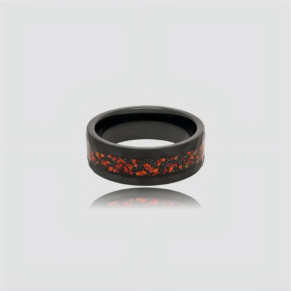 The Ignis Forge Precision-engineered ring featuring Black Aerospace-grade Tungsten and faceted Red Opal inlay.