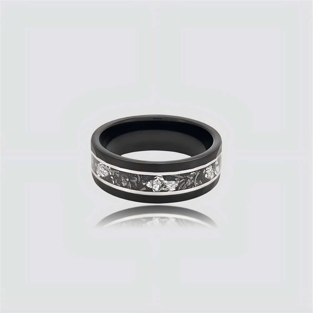 The Stellar Rift | Hammered Black Meteorite & Silver Foil Band
