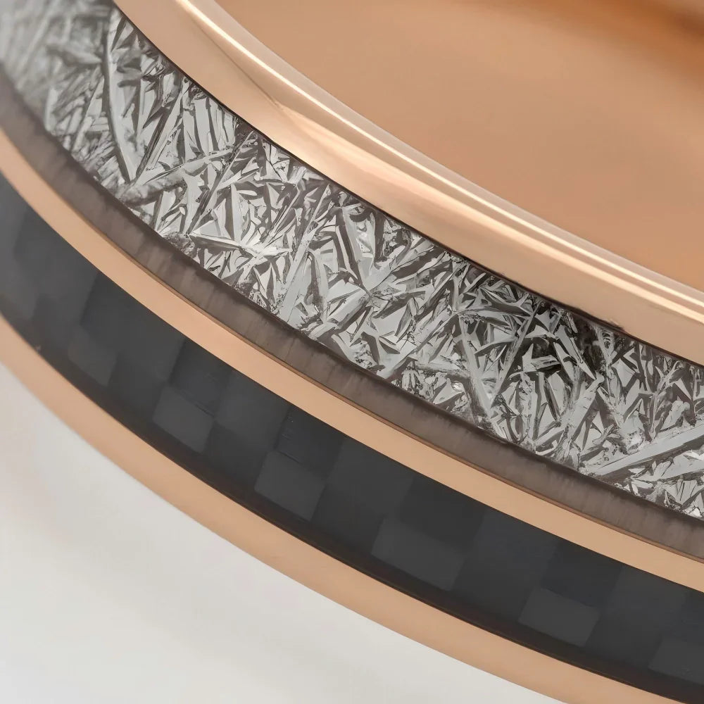 Macro detail of Widmanstätten pattern and checkered texture on The Stellar Path showcasing Authentic Muonionalusta Meteorite and 18K Rose Gold PVD coating.