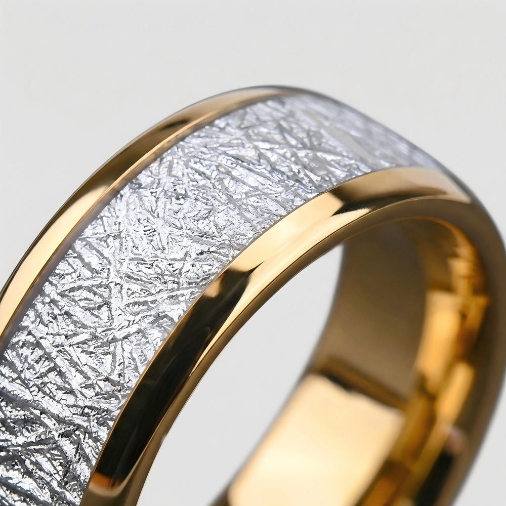 Macro detail of Widmanstätten pattern on The Astral Pathway showcasing Authentic Muonionalusta Meteorite, Aerospace-grade Tungsten, and 18K Gold PVD coating.