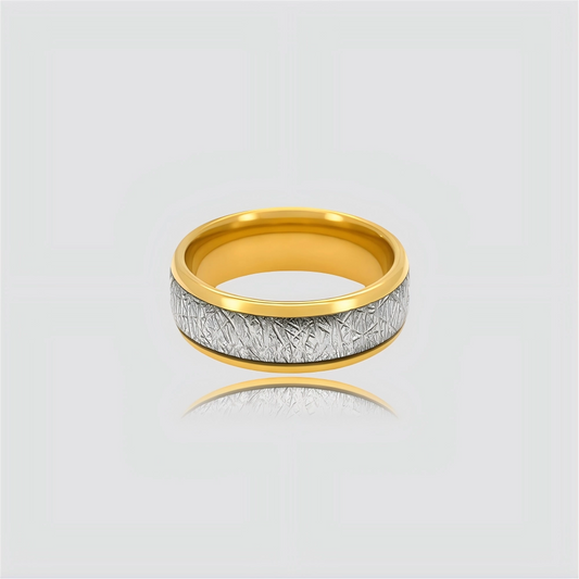 The Astral Pathway | 18K Gold & Etched Meteorite Tungsten Band