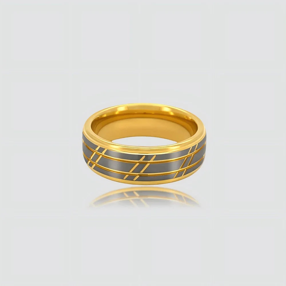 The Zenith Precision-engineered ring featuring 18K Gold PVD coating and precision-milled Aerospace-grade Tungsten.