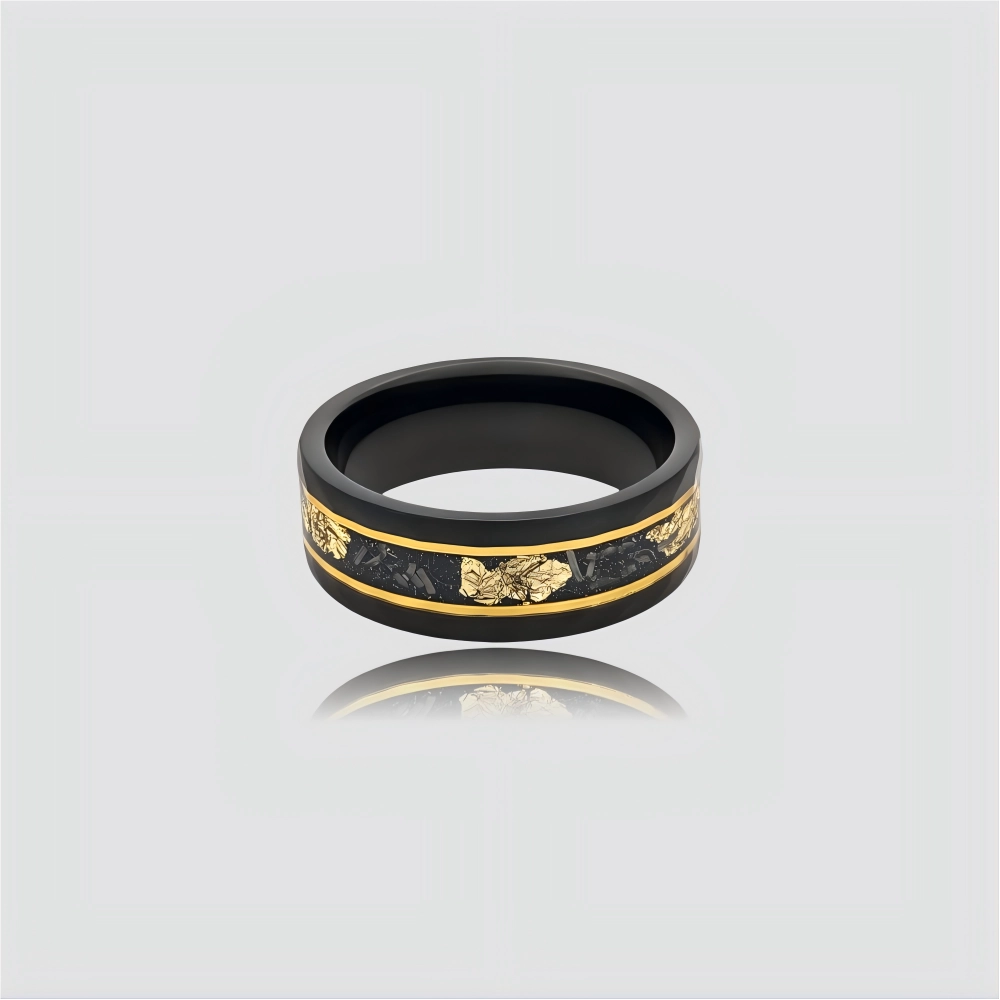 The Void Fragment Precision-engineered ring featuring Authentic Muonionalusta Meteorite and hammered 18K Gold PVD coated Black Aerospace-grade Tungsten.