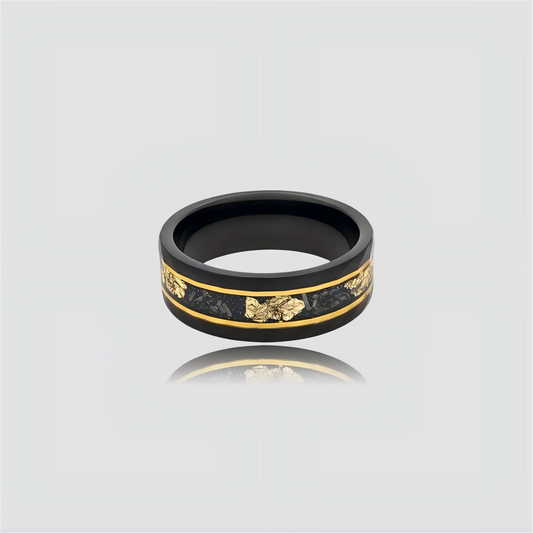 The Void Fragment | Hammered Black Tungsten Meteorite & Gold Band