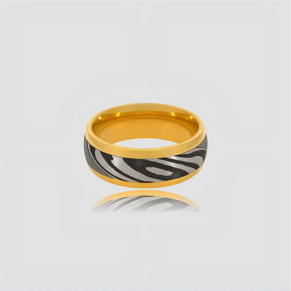 The Axis structural band featuring hand-forged Damascus steel and 18K Gold PVD core.
