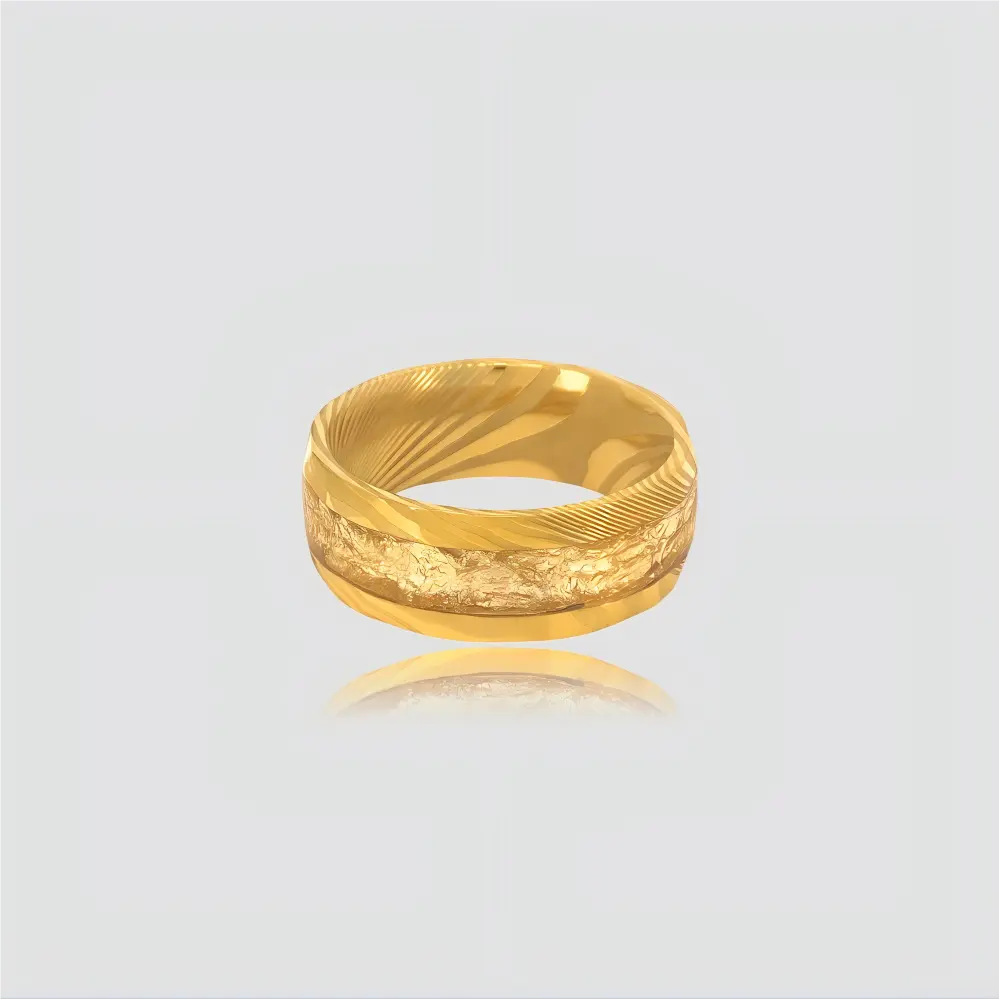The Bedrock Crucible Precision-engineered ring featuring Forged Damascus steel and 18K Gold PVD coating.