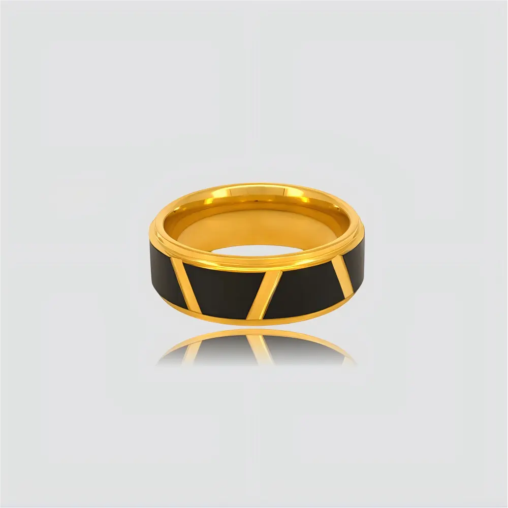 The Linear Divide Precision-engineered ring featuring Black Aerospace-grade Tungsten and segmented 18K Gold PVD coating.