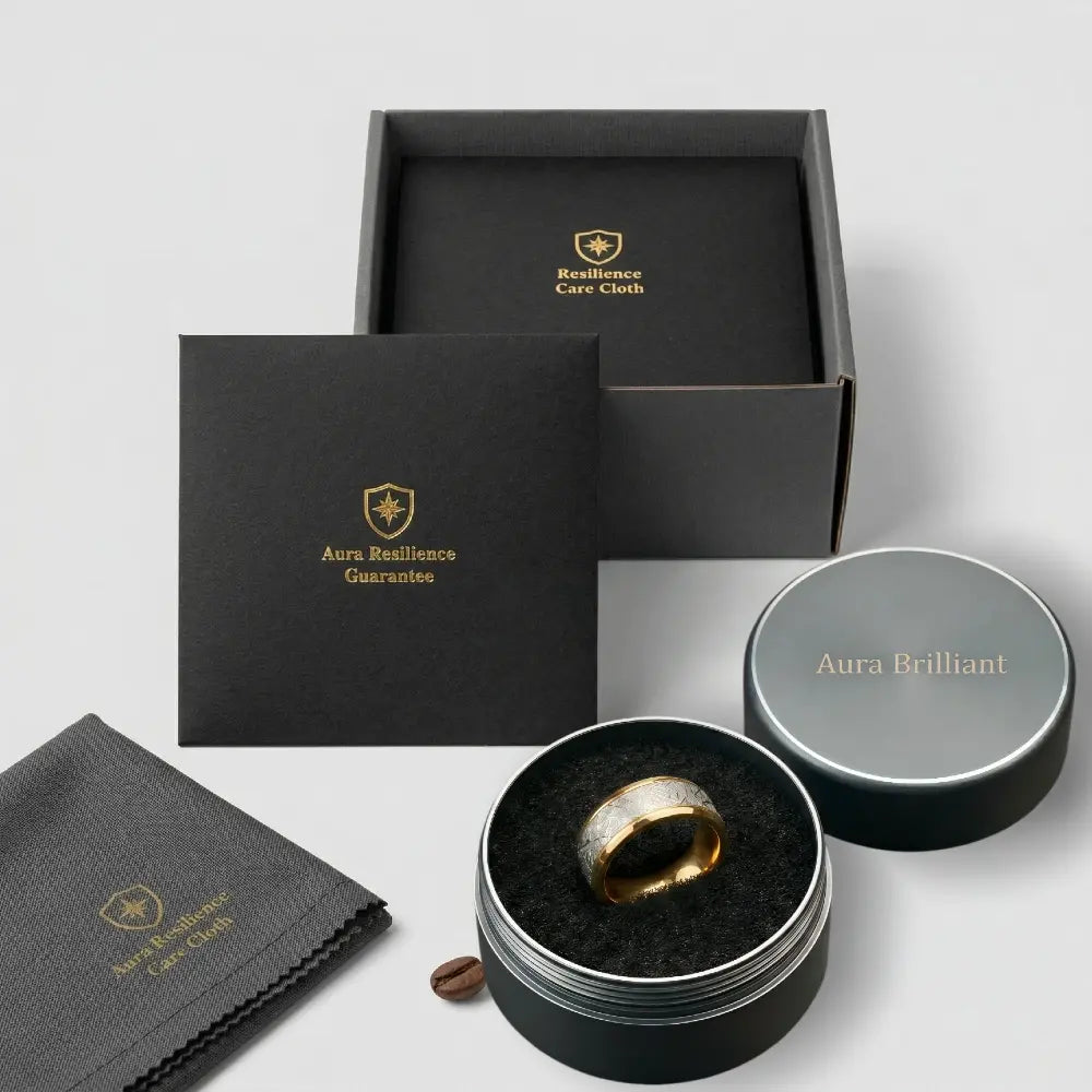 Men's tungsten and meteorite ring in black and gold gift packaging with care cloth