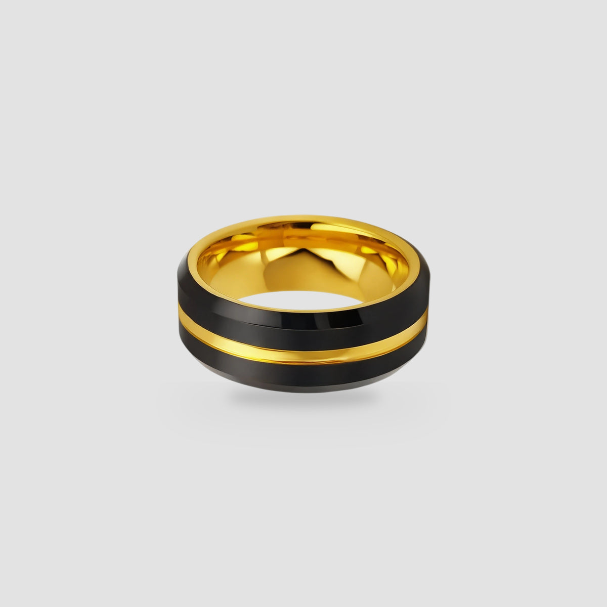 The Obsidian Rampart: brushed obsidian black PVD tungsten with twin 18K gold PVD channels men's ring, front view.